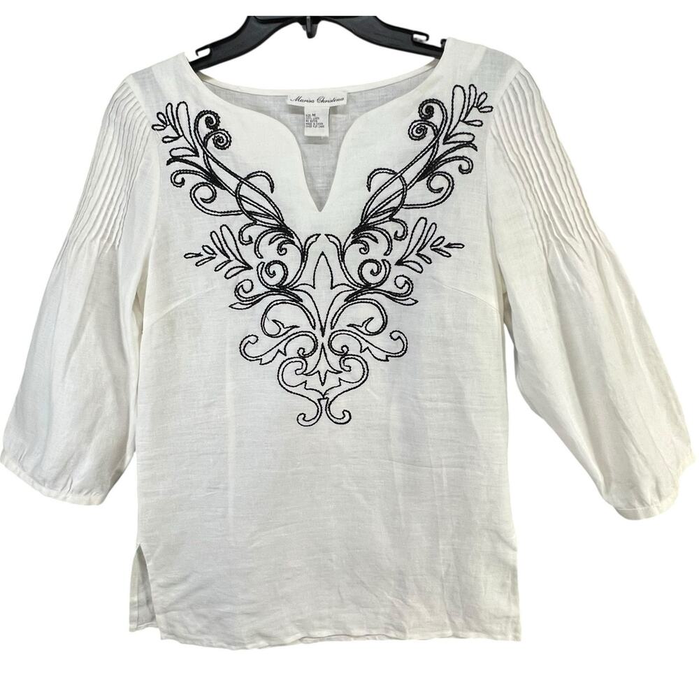 Marisa Christina Tunic Blouse Womens M White Linen Embroidered Resort Beach Boho